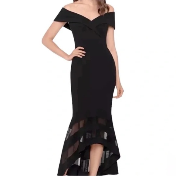 Xscape Dresses & Skirts - Xscape High Low Off the Shoulder Illusion Black Dress